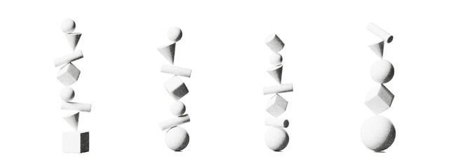 Abstract 3D balance shapes forming geometric stacks on a white background. Grainy noise, halftone texture and soft gradients create an elegant abstract balance design with clean geometric forms.