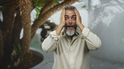 Man pointing both index fingers at camera with hands framing face and mouth open in forest beside a...