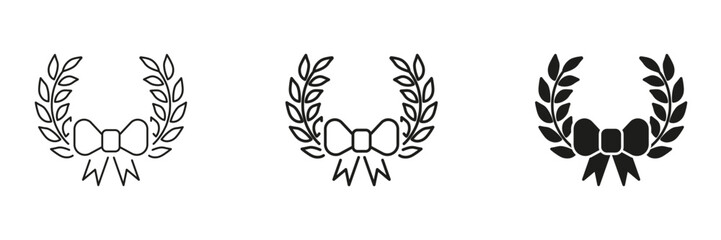 Laurel Wreath With Bow In Line, Outline, And Glyph Icon Set. Achievement, Honor, And Victory Symbol Collection. Ideal For Awards, Celebrations, And Recognition. Isolated Vector Illustration