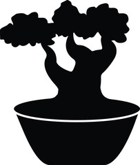 Bonsai tree black icon on white background. Potted bonsai silhouette. Isolated vector illustration. Front view