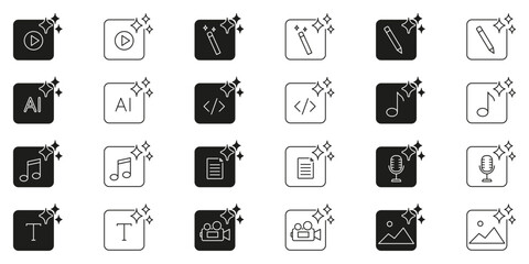 AI Generation Icons with Music Note, Document, Image, Microphone, Pencil and Writing Tools Line and Solid Icon Set. Artificial Intelligence Symbols. Isolated Vector Illustration