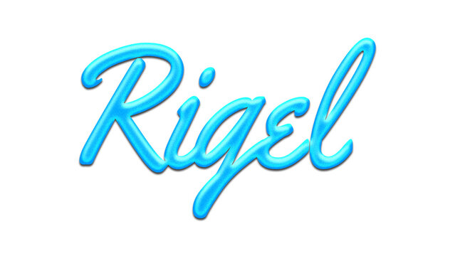 Glowing blue effect of name Rigel on white background.