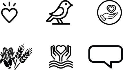 A versatile collection of minimalist line art icons featuring themes of love nature agriculture communication and social care for modern design projects