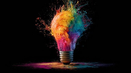 Vivid paint explosion inside a light bulb on black background. Colorful splash symbolizing creativity, innovation, art and bright ideas. Dynamic abstract concept with energy and motion.