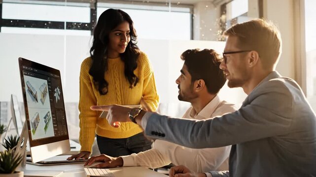 Three diverse business professionals collaborating in a bright office, reviewing a 3d architectural design on a computer screen