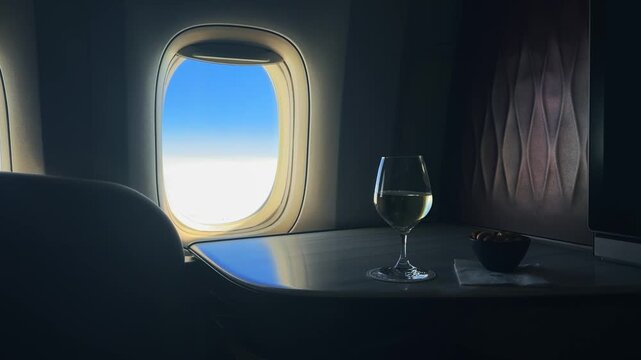 Businessman pov on flight in luxury business class airplane seat with wine glass and window view