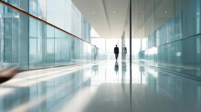 Modern glass corridor with lone businessman walking toward bright light and reflections on polished floor
