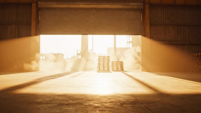 Warehouse Roller Shutter with Sunlight - Sunlight streams through a warehouse as the roller shutter lifts, revealing an amber glow on the floor.