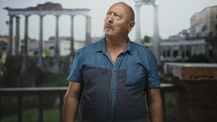Man gazes upward with exposed forearms and open shirt near ancient roman ruins and classical columns at building; nostalgia travel memory.