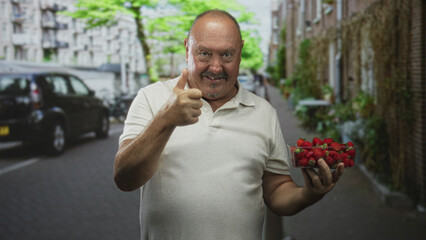 Man holding container of strawberries shows thumbs up on a narrow street with parked cars and brick walls; summer freshness satisfaction.