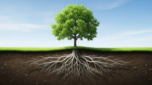 Healthy green tree with extensive root system growing in soil