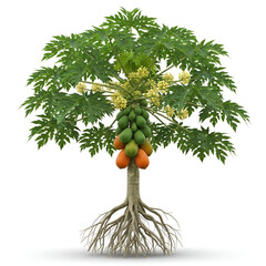 Carica papaya tree roots with yellow flowers and ripe fruits