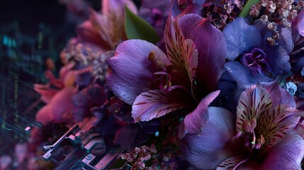 Closeup of a vibrant bouquet of purple and blue alstroemeria flowers with dark, moody lighting and intricate details