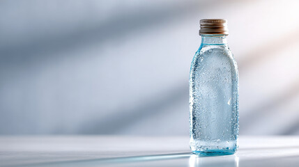Close-up of a clear glass bottle filled with sparkling water with condensation droplets on a smooth surface with soft natural light