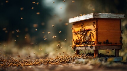 Warm realistic image of honeycomb beehive with flying bees collecting pollen and honey production concept