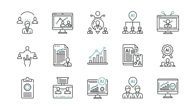 Collection of business and technology icons representing data analysis and teamwork.