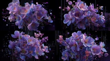 Abstract digital art composition of exploding purple and pink flowers with glitch and particle effects on black background