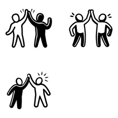 Three black-and-white stick figure illustrations depict two figures giving a high-five. Each panel shows