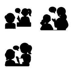 Three black silhouettes depict pairs of people engaged in conversation or interaction, each with