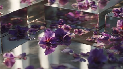 Closeup of vibrant purple orchid petals floating on a reflective, wet surface with mirrored blocks creating abstract reflections and depth, suggesting a spa or luxury setting
