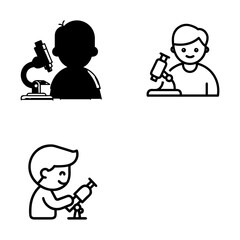 Three outline illustrations of a person using a microscope. The first image is a solid silhouette