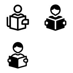 Three black, silhouette-style icons depict figures reading books. Each icon features a simplified