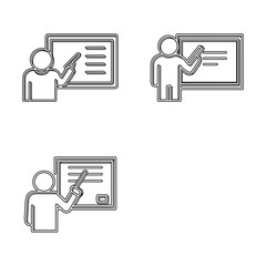 Three black and white outline icons depict figures interacting with chalkboards or whiteboards