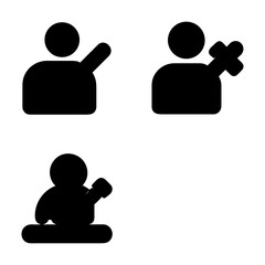 Three black silhouette icons in simple shapes. The first icon resembles a person with an arm raised diagonally