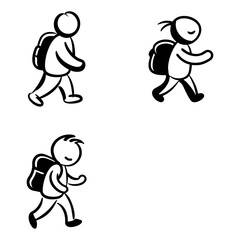 Three simple stick figure illustrations depict people walking with backpacks. Each figure is shown in profile