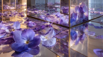 Purple viola flower petals scattered on reflective mirrored surface with infinite reflections