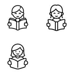 Three simple black-and-white outline illustrations of people reading books. Each character is depicted