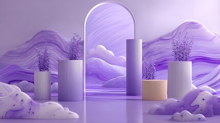 Abstract 3d render of a serene purple landscape with stylized mountains, archway, and decorative metallic planters, creating a dreamy, ethereal, and luxurious aesthetic
