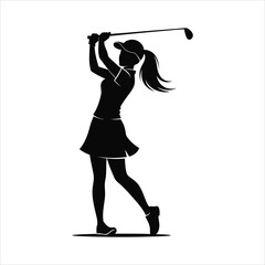 Elegant silhouette of a female golfer mid-swing, showcasing power and grace on the course