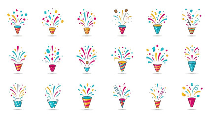 Collection of colorful party poppers exploding with confetti and streamers.