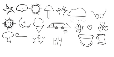A collection of simple hand drawn icons and symbols