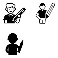 Three black and white illustrations depict male figures holding oversized pencils. The top left shows a smiling characte