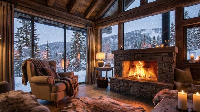 A rustic cabin has a fireplace lit on a snowy winter evening. Looped footage for background.