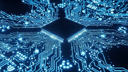 Title: Blue circuit board with glowing lines and dots forming a futuristic abstract technology
