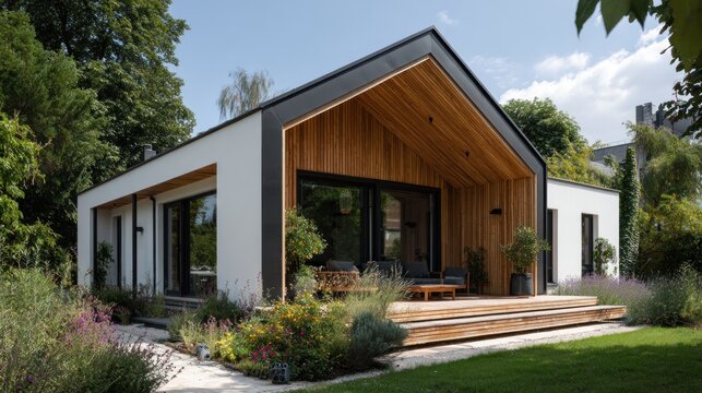 Modern minimalist gable roof house with Scandinavian design and white exterior timber cladding