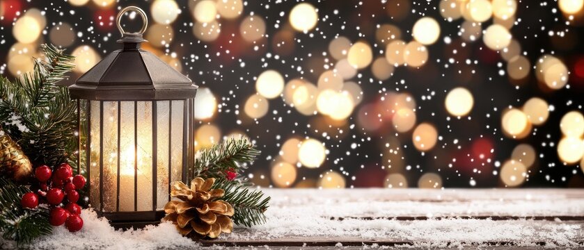 Warm festive lantern illuminating a snowy winter scene with holiday decorations and soft glowing lights in the background - Powered by Adobe