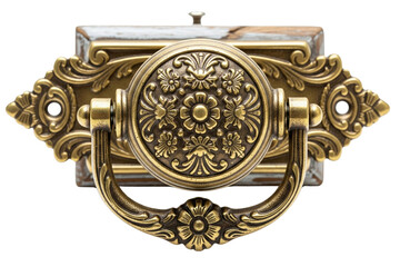 Ornate vintage drawer handle with intricate floral design isolated with transparent background