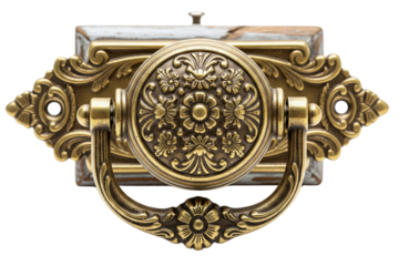 Ornate vintage drawer handle with intricate floral design isolated with transparent background