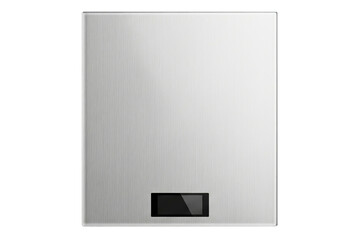 Top-down view of a modern brushed metal digital kitchen scale isolated with transparent background