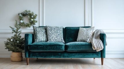 Photo of modern minimalistic realistic modular sofa in deep teal velvet with cushions