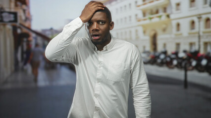 Fototapeta premium Man in white shirt touches forehead with hand on city street near parked motorcycles; surprise realization.