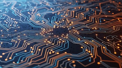 Title: Closeup of a detailed electronic circuit board with glowing blue and orange lines and