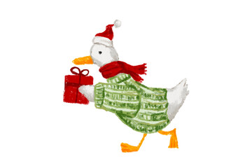 A white duck in a green winter coat and Santa hat santa claus with christmas gifts Cute hand-drawn illustration on a transparent background with a crayon texture.