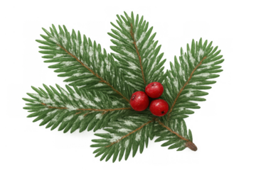 Green fir branch with white snow and bright red berries, creating a cheerful christmas and winter holiday decorating element