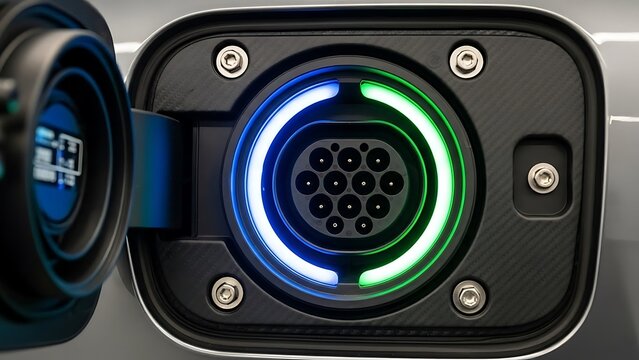 Close-up of an electric vehicle charging port with glowing blue and green indicator lights. - Powered by Adobe