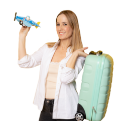 Travel concept. Young woman holding suitcase and airplane toy standing over transparent background.